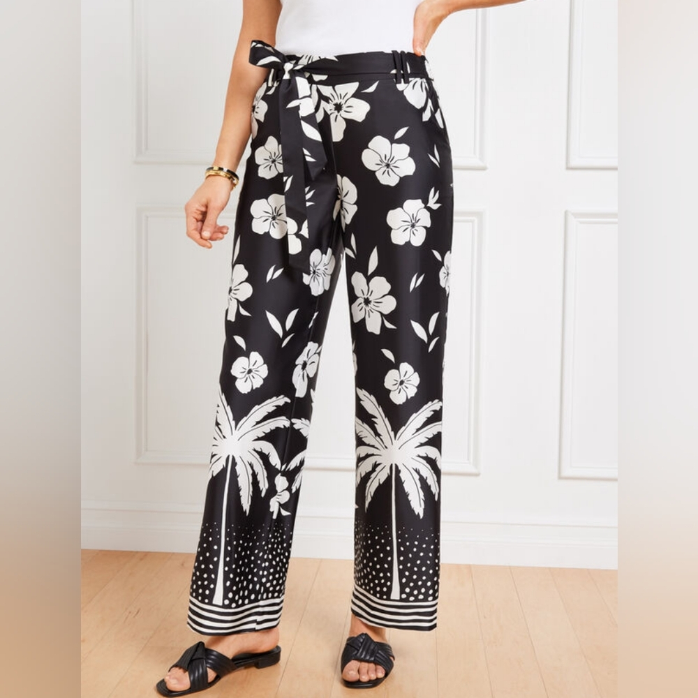TALBOTS Tie Waist Wide Leg Pants - Palm Beach Border Size S NWT